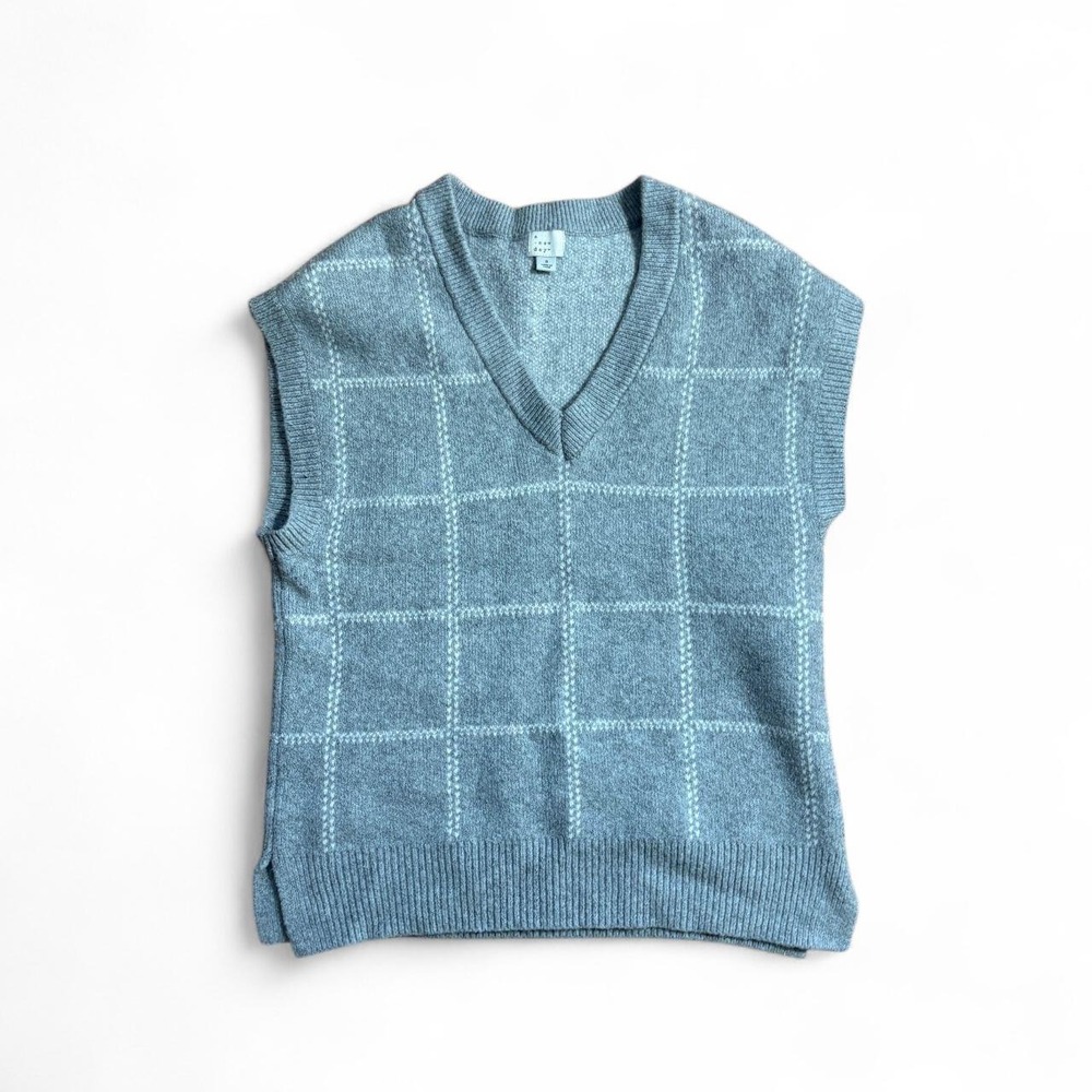A New Day Gray Windowpane Plaid V-Neck Sweater Vest Womens Small